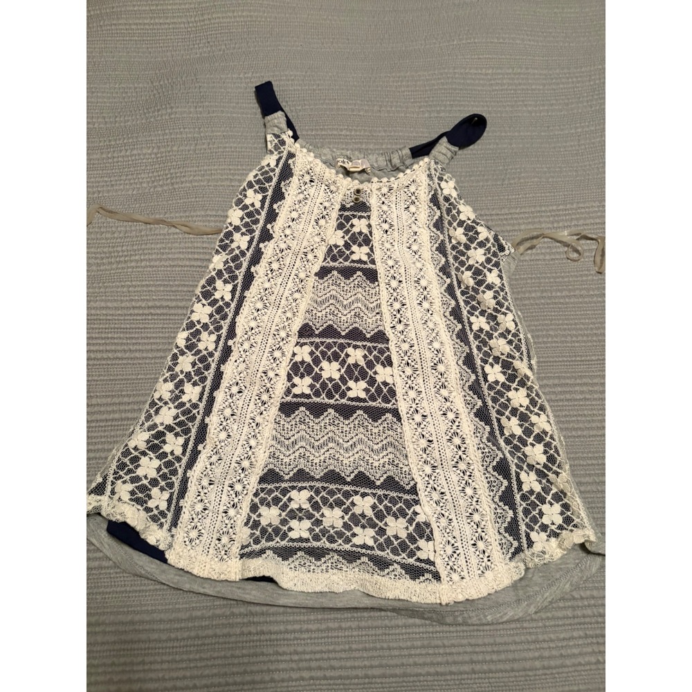 Jolt Womens Boho Lace Overlay Tank Top Grey Navy Blue Floral Crochet Small